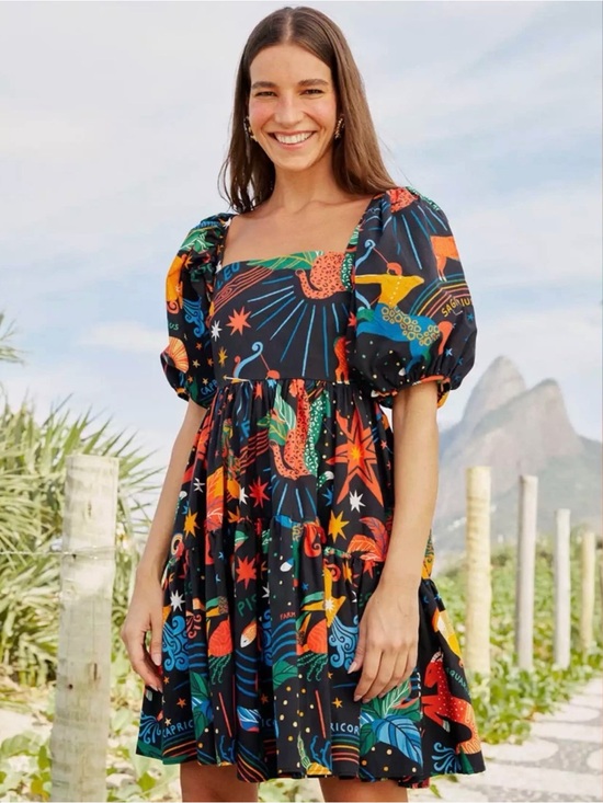 FARM Rio Dresses & Skirts - FARM Rio Zodiac Black Square-Neck Puff-Sleeve Mini Dress Large